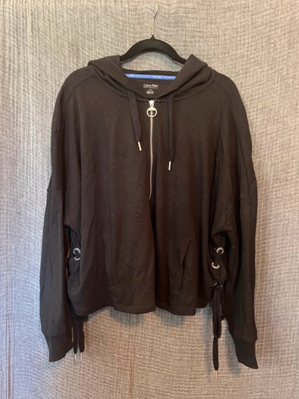 Calvin Klein Black Hooded Zip-Up Bomber with Grommet Tie Details